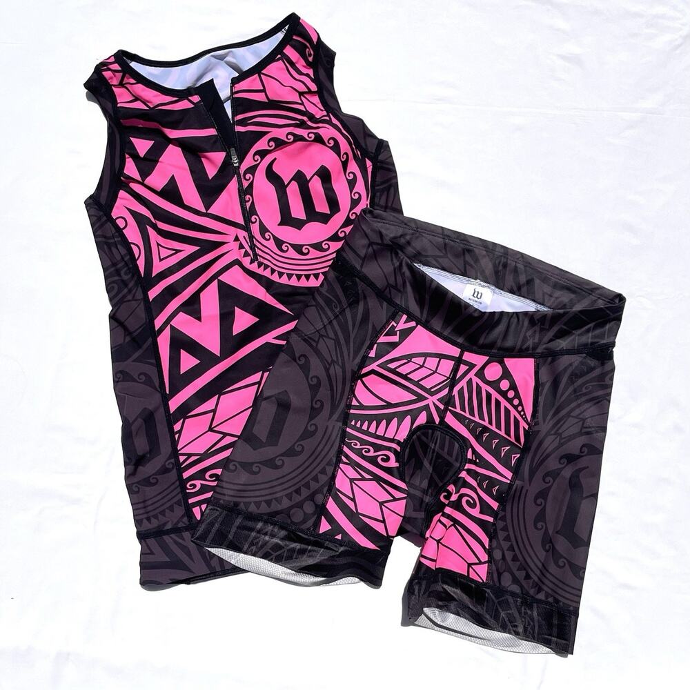 Wattie Ink Triathlon Set Womens XL Pink Tribal Print Tank Top Jersey Shorts